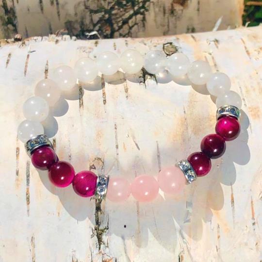 Minerální náramek křišťál, tygří oko, růženín - RŮŽIČKA